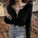 Yipinpay Solid Color Mohair Cropped Pink Cardigan Women Slim Wild Half Zipper Sweaters for Women Fleece Crop Tops Black White