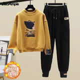 Yipinpay Women's Fashion Plush Sweater Tracksuits 2 Piece Set 2024 Winter Warm Loose Fake Two-piece Pullover Top + Pants Sportswear Suit