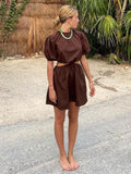 Yipinpay Bohemian Hollow Out Sexy Dress Woman Brown Chic Female Mini Summer Dresses Beach Wear Short Sleeve Backless Vacation