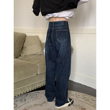 yipinpay Size Womens Jeans High Waist Straight Baggy Fashion Pants Streetwear Vintage Dark Blue Casual E Girl Wide Leg Denim Trouser