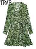 Yipinpay Green Chiffon Dress Woman Leopard Print Vintage Mini Dress Women Long Sleeve Short Dresses 2023 Elegant Chic Women Dresses