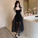 Yipinpay Woman Dress Sleeveless Bandage Bow Mesh Patchwork Layered 2024 Summer Elegant Dresses Party Ladies Black Temperament