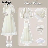 Yipinpay Women's Summer Dress Suit 2024 New Fashion Short Sleeve Shirt+Denim Strap Skirt Two Piece Korean Elegant Casual Matching Set