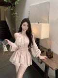 Yipinpay Two Piece Set Women Sweet Off Shoulder Blouse Hollow Out Shirts Ruffles Elegant Shorts Female French Style Chic Suits