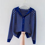 Yipinpay Autumn/Winter New Hooded Knit Cardigan Sweatshirt Western Loose Striped Hooded Top