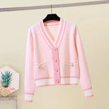 Yipinpay Short Cardigan Women's Sweater Coat Autumn And Winter New Style Outer V-neck Loose Plaid Top All-match Casual