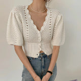 Yipinpay Korean V Neck Crop Top Puff Short Sleeve Sweater Mujer Summer Cardigan Knitted Cropped Cardigan Sueters Hollow Sweet