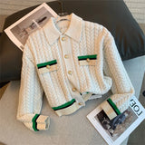 Yipinpay Twist Sweater Single Breasted Knitted Cardigan Coat Lapel + Wide Leg Green Checkerboard Pants Sweatpants 2sets