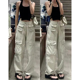 yipinpay Women Vintage Beige High Waist Cargo Pants Fashion Pocket Baggy Straight Y2K Wide Leg Pants Street Mopping Trouser Ladies Summer