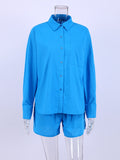 Yipinpay Cotton Linen Women Summer Set Of Top With Shorts Blue 2 Piece Set Female Casual Shorts Suits Pocket Shirt Outfit