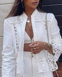 Yipinpay women's sets Contrast Lace Long Sleeve Top & High Waist Shorts Set set of two fashion pieces for women