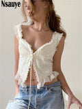 yipinpay 2023 Summer Y2K Patchwork Lace Off Shoulder V Neck Aesthetic Crop Tops Streetwear Sexy Women Vintage Mini Vest Tank Tops