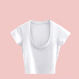 Yipinpay Summer Slim T-Shirt Women Sexy Short Sleeve T Shirt U-Neck Gray Tee Female Solid Basic Black/White Korean Crop Tops Hot Y2k