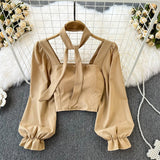 Yipinpay Woman's Blusas Korean Vintage Square Collar Long Sleeve Chiffon Blouses Women Back Elastic Kawaii Crop Top White Shirt