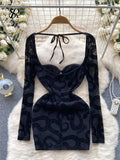 Yipinpay Sexy Mesh Backless Dress Square Collar Lace Up Long Sleeves Print Hollow Out Women Fashion Slim Fit Club Bodycon Dress