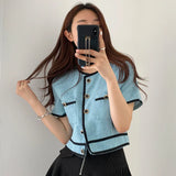 Yipinpay Korean Summer Thin Contrast O Neck Short Sleeve Jackets Women Crop Tops Single-breasted Straight Coat Fashion Clothing