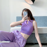 Yipinpay Women Knit Vest Crop Tops Sleeveless Turn-down Collar Hollowed Solid Slim Fit Summer Club Party Tanks Streetwear