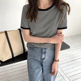 Yipinpay Japan O Neck Short Sleeve Striped Tshirts Women Summer Contrast Tops Clothing Fashion Wild Tees Cotton Y2k Shirt
