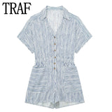 Yipinpay 2023 Woman Short Playsuit Blue Striped Baggy Summer Jumpsuit For Women Fashion Pockets Short Sleeve Women's Loose Overalls