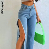 yipinpay Baggy Jeans Wide Leg Pants Side Split Out Denim Pants Women Streetwear 2000s Aesthetic Summer Straight High Waisted Trousers