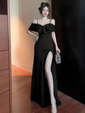 Yipinpay Sexy Dresses Women Elegant Ruffles Patchwork Slim Split Slash Neck Off Shoulder French Style Chic Party Dress Ladies