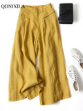 Yipinpay Spring Summer Women's Cotton Linen Wide Leg Pants Loose Elastic High Waist Thin Ladies Skirt Pants Capris Flared Trousers