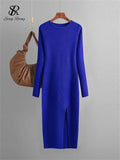 Yipinpay Autumn Skinny Knitted Dress Female O Neck Split Outerwear Fashion Korean Style Office Lady Solid Slim Sweater Dress