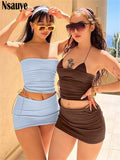 yipinpay Casual Summer 2023 Khaki Basic Club Skirt Women Set Off Shoulder Crop T Shirt Tops And Short Wrap Sexy Skirt Two Piec Set