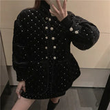Yipinpay Winter Black Parkas Thick Velvet Jacket Fashion Coat Mini Polka Dot Skirts Sequins Quilted Cotton 2 Piece Sets Chic