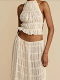 Yipinpay Folds Long Skirt Set Women Sexy Sleeveless Backless Cropped Halter Top High Waist Skirt 2 Piece Sets Lady Chic Beachwear