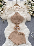 Yipinpay Bohemian Knit Two Pieces Suits Women Lace Up Halter Tassel Backless Tops+Hook Flower Hollow Out Shorts Sexy Beach Sets