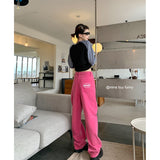 yipinpay Red Women's Jeans High Waist Vintage Straight Baggy Denim Pants Streetwear Lettering Design Fashion Wide Leg Denim Trouser