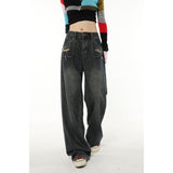 yipinpay Black Women Jeans Ripped American Fashion High Waist Streetwear Style Wide Leg Jean Trouser Female Baggy Denim Pants