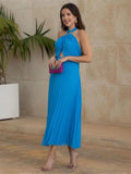 Yipinpay 2023 Woman Halter Long Dress Women Cut Out Blue Backless Dress Woman Pleated Off Shoulder Summer Elegant Party Dresses