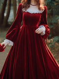 Yipinpay Hepburn Red Velvet Long Dress Spring/Autumn New Square Neck Long Sleeve Waist Slim Red Antique Vintage Dress for Women