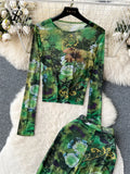 Yipinpay Transparent Print Women Suits O Neck Long Sleeve Top+Flare Pants 2024 Streetwear American Vintage Slim Two Pieces Sets