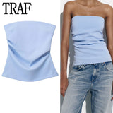 Yipinpay Blue Corset Top Women Off Shoulder Tube Tops For Women 2023 Ruched Backless Sexy Tops Woman Fashion Sleeveless Summer Top