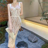 Yipinpay French Style Sexy Dresses Women Lace Patchwork Sleeveless Slim Elegant Dress Slash Neck Backless Party Dress Ladies