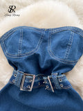 Yipinpay Strapless Sexy Denim Mini Dress Women Sleeveless Zipper Design Slim Sundress Streetwear Vintage Backless Bodycon Dress