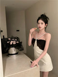 Yipinpay Summer Sexy Dress Woman French Style Spaghetti Strap Chain Halter Off Shoulder Patchwork Slim Elegant Dresses Mini Party