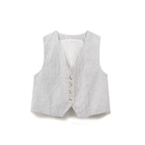 Yipinpay Summer Women Sleeveless V Neck Striped Vest Front Button Female High Street Waistcoat Chic Crop Top