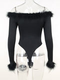 yipinpay Feather Top Long Sleeve T Shirt Women Off Shoulder Body Spring Fall Outfits Bodycon Solid Streetwear Black Bodysuits
