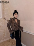 Yipinpay Leopard Printed Shirts Women V Neck Flare Long Sleeve Loose Female Fashion Sexy Elegant Blouse Streetwear Casual Tops