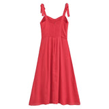 Yipinpay French Style Red Sexy Slim Bow Shoulder Sling Dress Women A-line Midi Summer Holiday Party Dresses Chiffon Robe