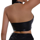 Yipinpay Women Leather Halter Tank Crop Tops Summer Clothes 2023 Sexy Sleeveless Backless Split Buckle Crop Tops Club Streetwear