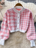 Yipinpay Fashion Plaid Knitted Three Pieces Suits Autumn Button Cardigan Top+Mini Camis+Elastic Short Skirt Women Sweater Sets