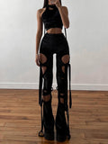 yipinpay Flare Pants Lace Up Trousers Women Hollow Out High Waist Pant Women Chic Wide Leg Pant Solid Strechy Streetwear Black Pants