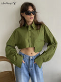 Yipinpay Streetwear Sexy Crop Top Women Autumn 2023 Irregular Pockets Lapel Cropped Shirts Long Sleeve All-Match Casual Tops