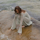 Yipinpay Women's Summer Long Knit See-through Beachwear Solid Color Flare Long Sleeve O Neck Hollow Backless Cover Up Dress