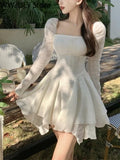 Yipinpay Y2k Mini Dresses Woman Pure Color Long Sleeve Dress Casual Elegant One Piece Dress Korean Fashion 2023 Spring Slim Design